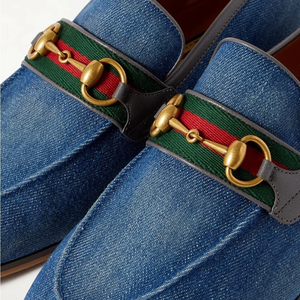 Gucci Blue Denim Horsebit Loafers with Green and Red Web